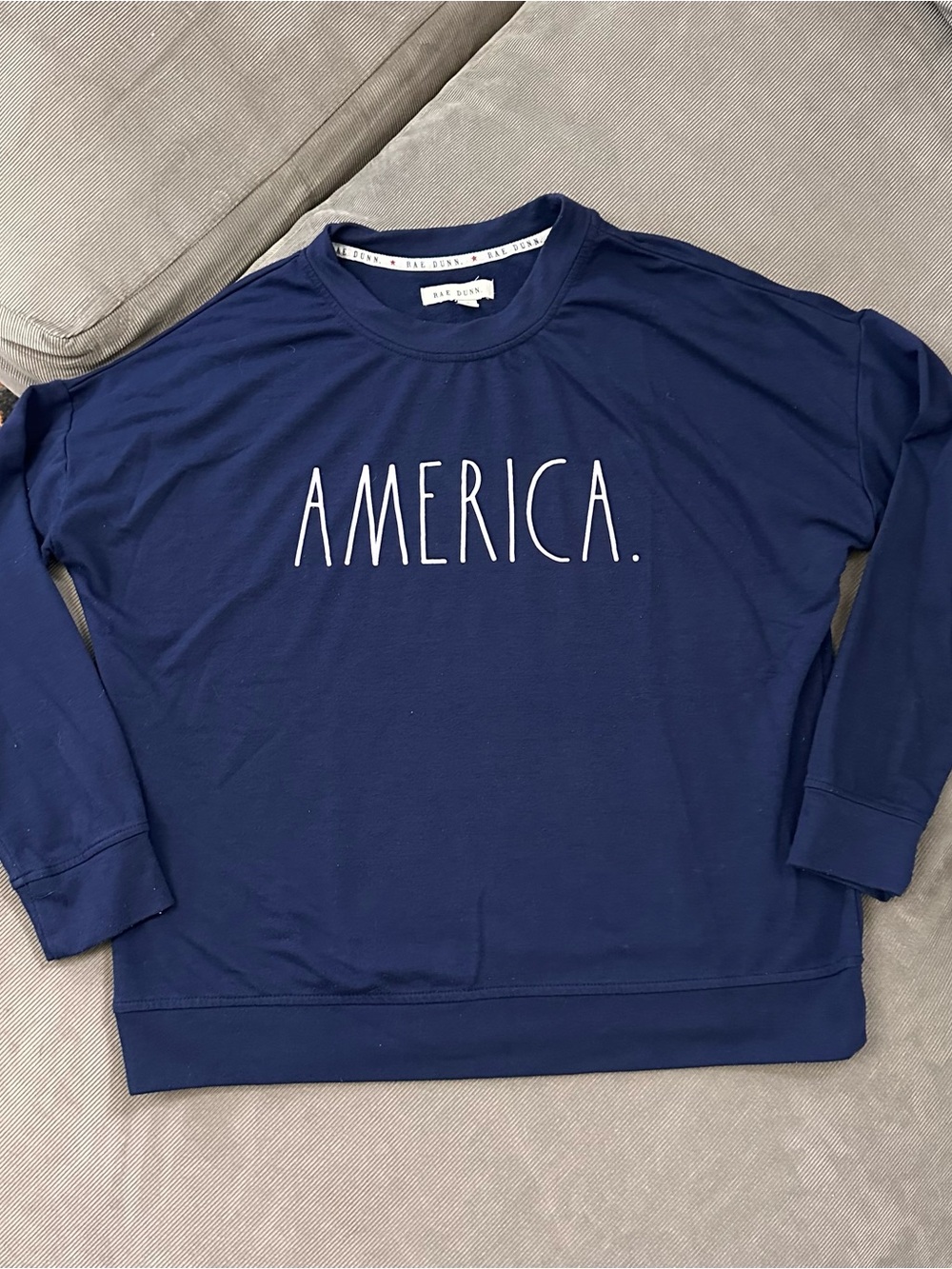 Rae Dunn Navy ‘America.’ Crewneck Sweatshirt Women's S Lightweight Soft Pullover